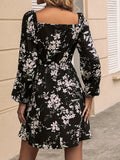 Floral Print Drawstring Square Neck Dress, Casual Long Sleeve Dress For Spring & Summer, Women's Clothing