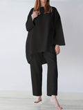 Solid Casual Two-piece Set, Long Sleeve Crew Neck Loose Tops & Wide Leg Pants Outfits, Women's Clothing