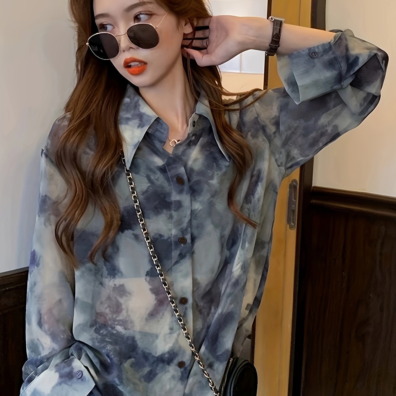 vlovelaw Tie Dye Button Front Shirt, Casual Long Sleeve Shirt For Spring & Fall, Women's Clothing
