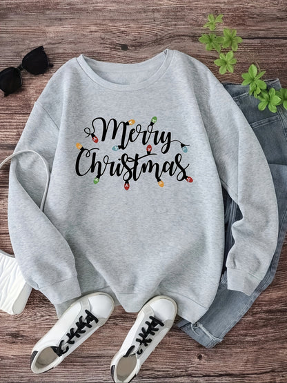 Christmas Print Pullover Sweatshirt - Cozy Casual Long Sleeve Crew Neck Sweatshirt for Fall and Winter, Women's Comfortable Clothing for Holiday Season