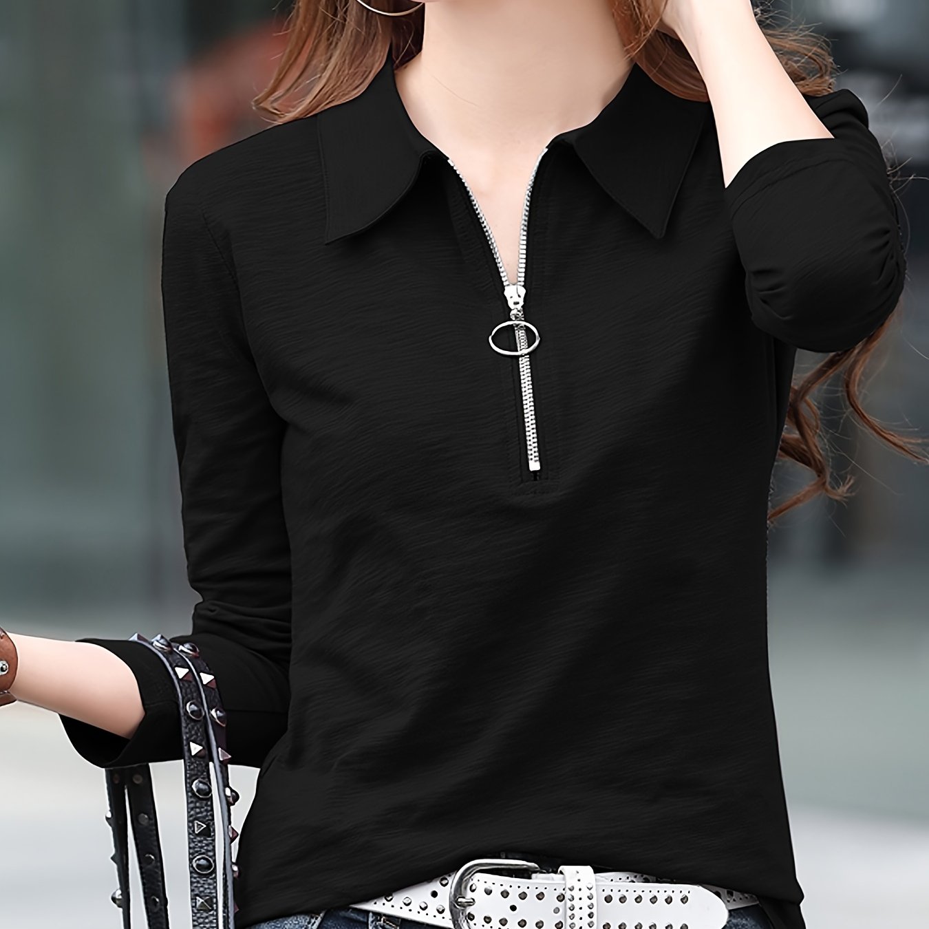 vlovelaw  Zip Up Polo Shirt, Polo Neck Long Sleeve T-Shirt, Casual Every Day Tops, Women's Clothing