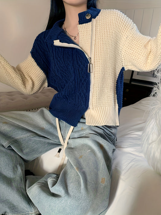 vlovelaw  Color Block Zip Up Knit Cardigan, Casual Long Sleeve Stylish Sweater, Women's Clothing