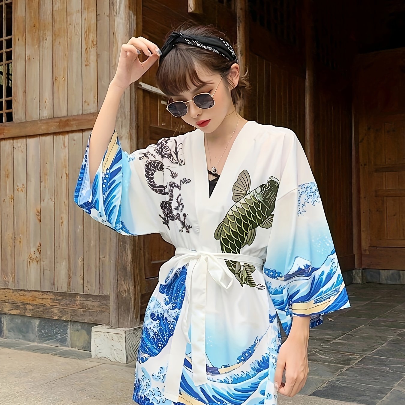 vlovelaw  Wave & Carp Print Japanese Kimono, Casual Open Front Kimono, Women's Clothing