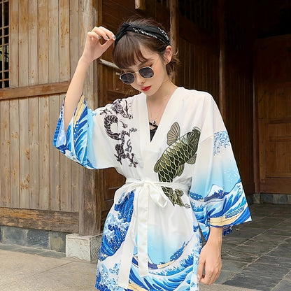 vlovelaw  Wave & Carp Print Japanese Kimono, Casual Open Front Kimono, Women's Clothing