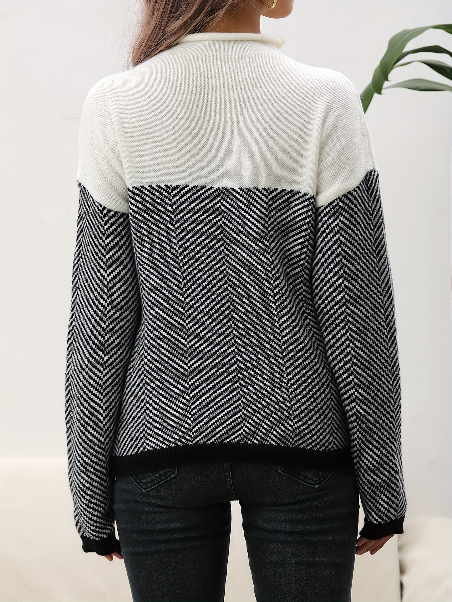 vlovelaw  Long Sleeve Elegant Loose Sweater, High Neck Casual Sweater For Winter & Fall, Women's Clothing