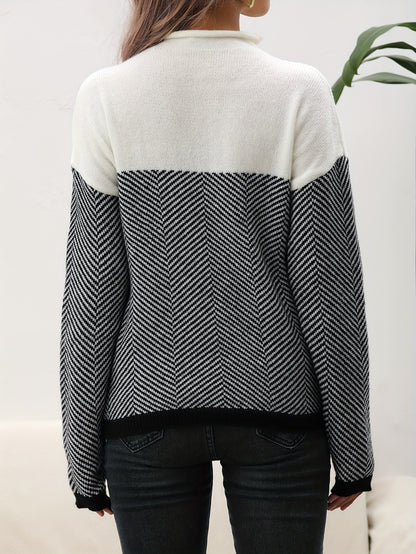 vlovelaw  Long Sleeve Elegant Loose Sweater, High Neck Casual Sweater For Winter & Fall, Women's Clothing