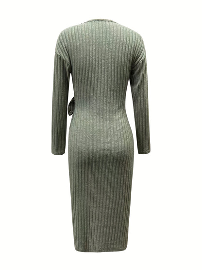 vlovelaw  Ribbed Knotted Dress, Elegant V Neck Long Sleeve Bodycon Dress, Women's Clothing