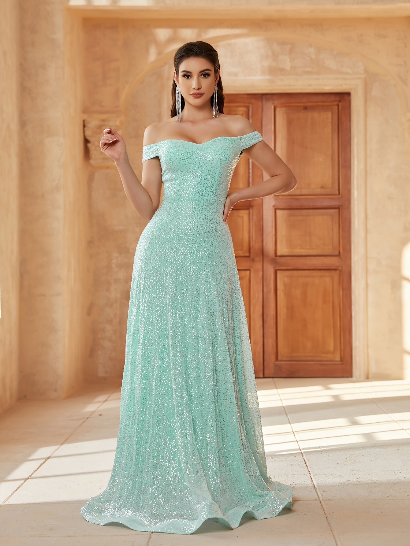 vlovelaw  Off Shoulder Sequined Dress, Elegant Sleeveless Bodycon Dress For Party & Banquet, Women's Clothing