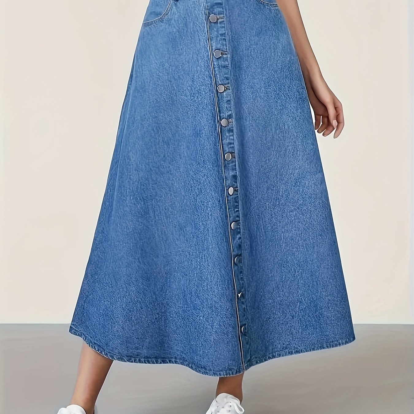 vlovelaw  Single-breasted Plain Washed Denim Skirt, Slash Pocket A-line Maxi Preppy Denim Skirt, Women's Denim Jeans & Clothing