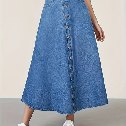 vlovelaw  Single-breasted Plain Washed Denim Skirt, Slash Pocket A-line Maxi Preppy Denim Skirt, Women's Denim Jeans & Clothing