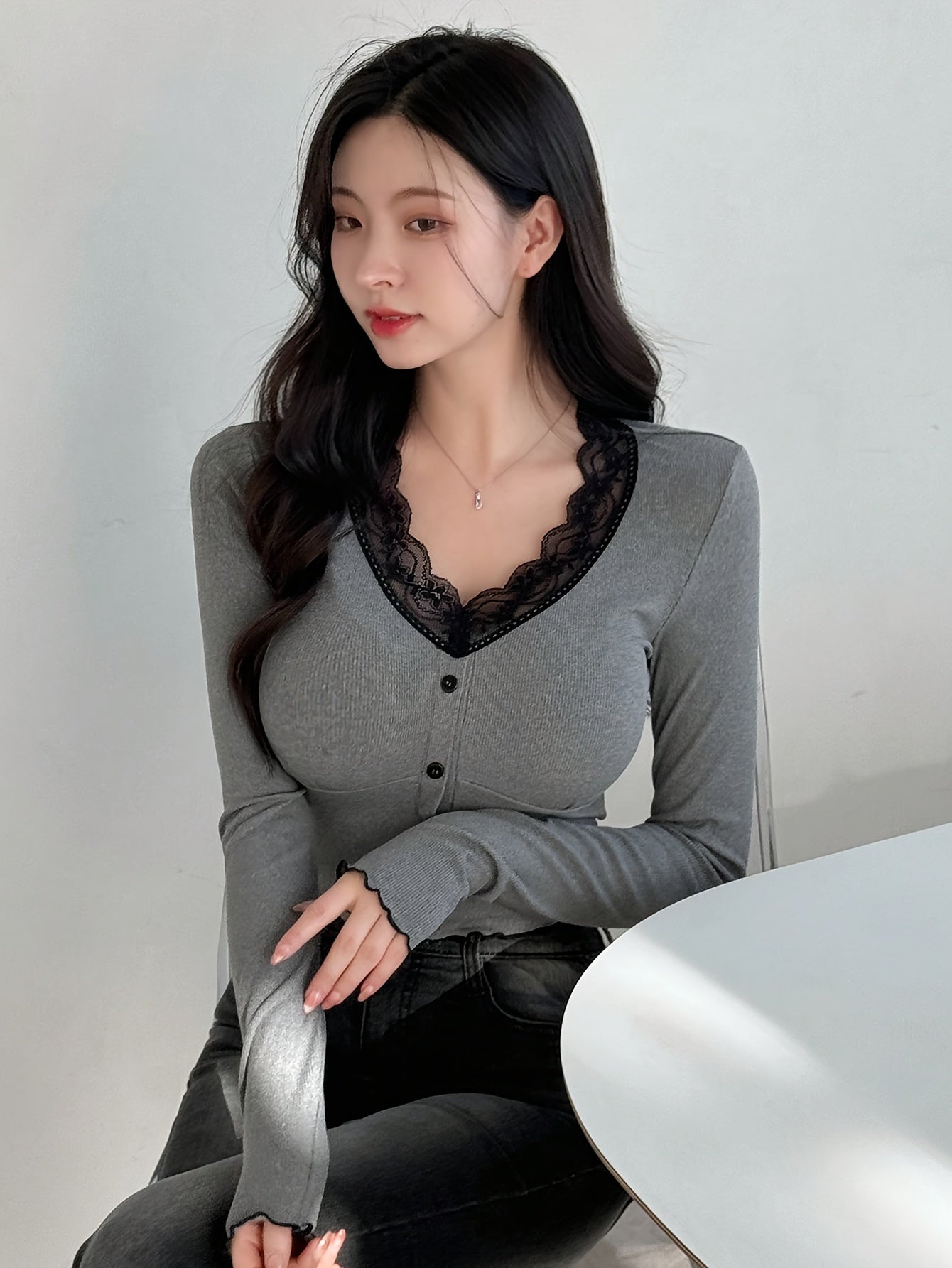 Elegant V-Neck Button-Up Long Sleeve T-Shirt for Women – Solid Color Knit Polyester Blend Top with Lace Details, Stretch Fit for All Seasons