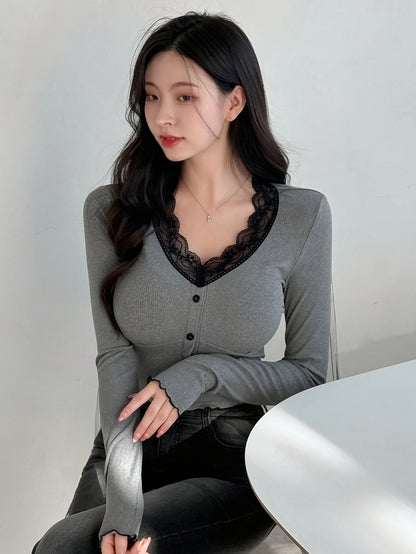 Elegant V-Neck Button-Up Long Sleeve T-Shirt for Women – Solid Color Knit Polyester Blend Top with Lace Details, Stretch Fit for All Seasons