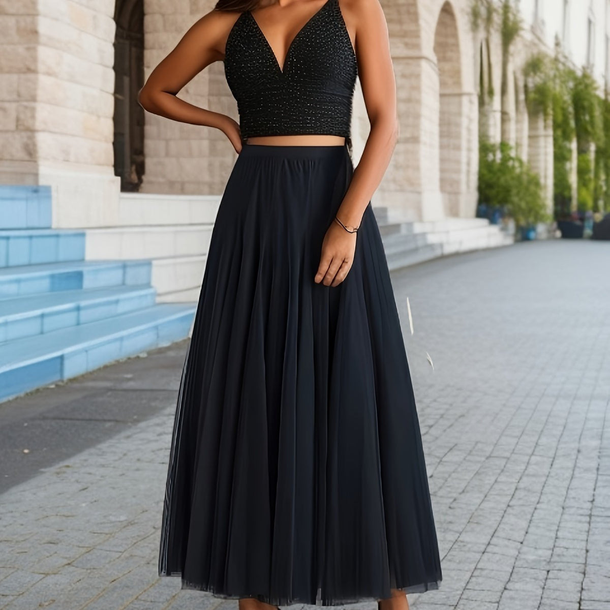 vlovelaw  Solid Pleated Tulle Skirt, Casual Maxi Skirt For Spring & Fall, Women's Clothing