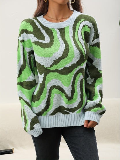 vlovelaw  Tie Dye Crew Neck Knitted Pullover Sweater, Casual Long Sleeve Sweater For Fall & Winter, Women's Clothing