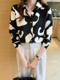 vlovelaw  Geo Print V-neck Loose Lapel Blouses, Casual Button Down Long Sleeve Fashion Shirts Tops, Women's Clothing