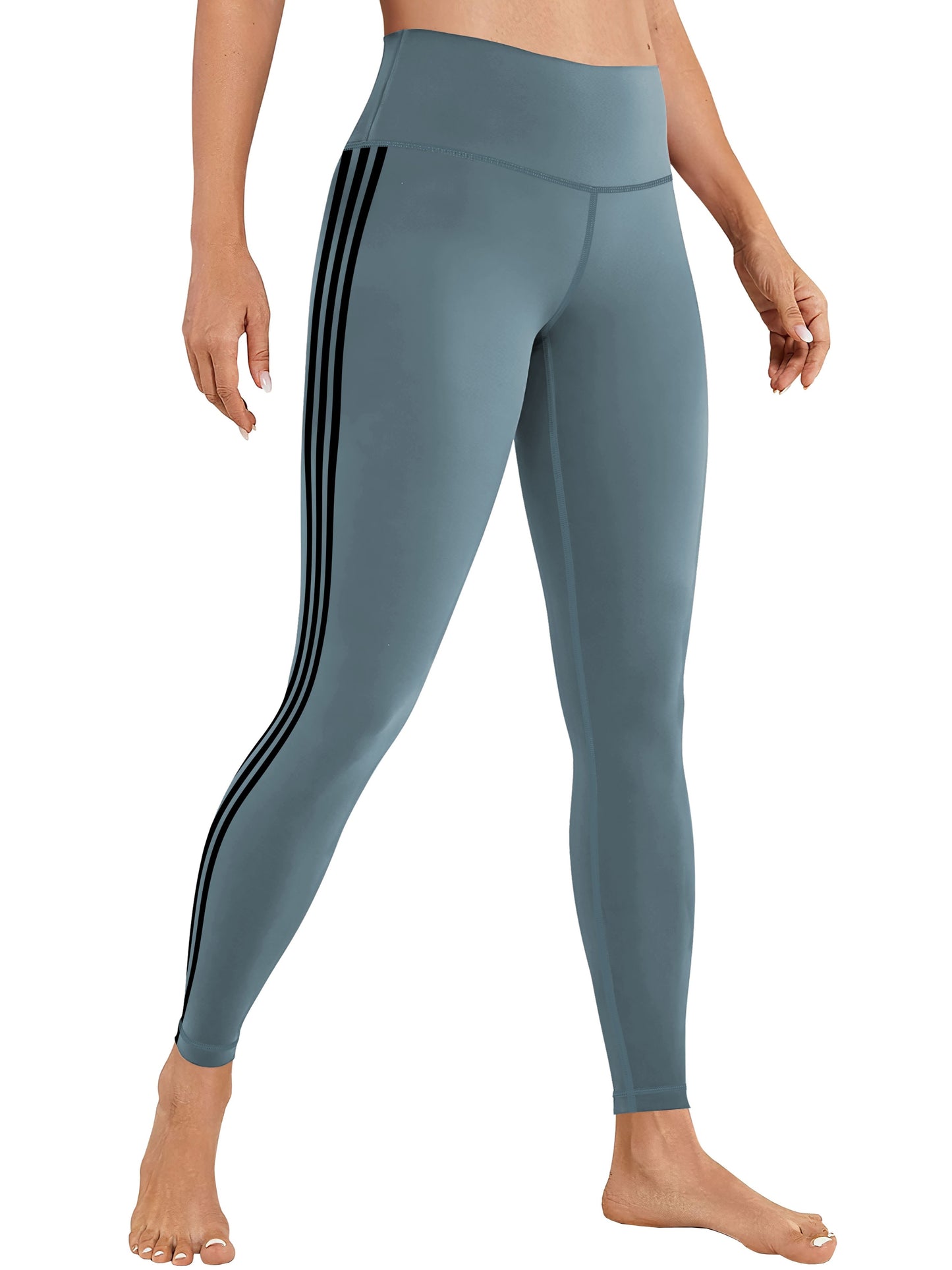 vlovelaw  White Side Stripes Print Sporty Pants, Slim Fit High Waist Tummy Control Yoga Pants, Women's Activewear