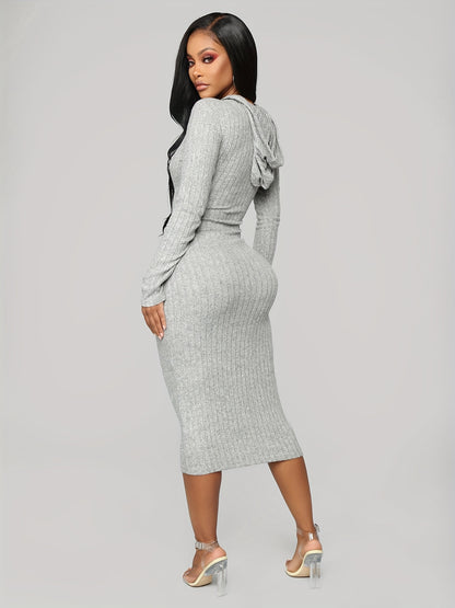 Ribbed Hooded Bodycon Dress, Casual Long Sleeve Drawstring Midi Dress, Women's Clothing