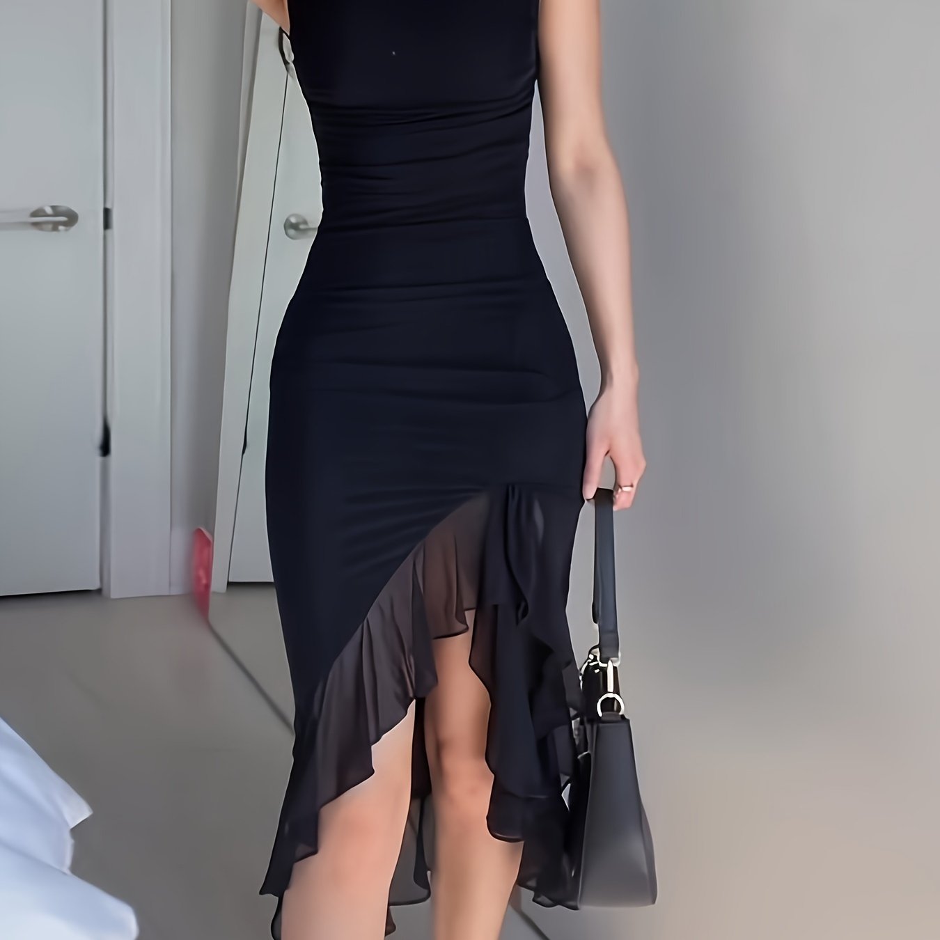 Solid Ruffle Mesh Trim Dress, Elegant Sleeveless Slim Dress For Spring & Summer, Women's Clothing