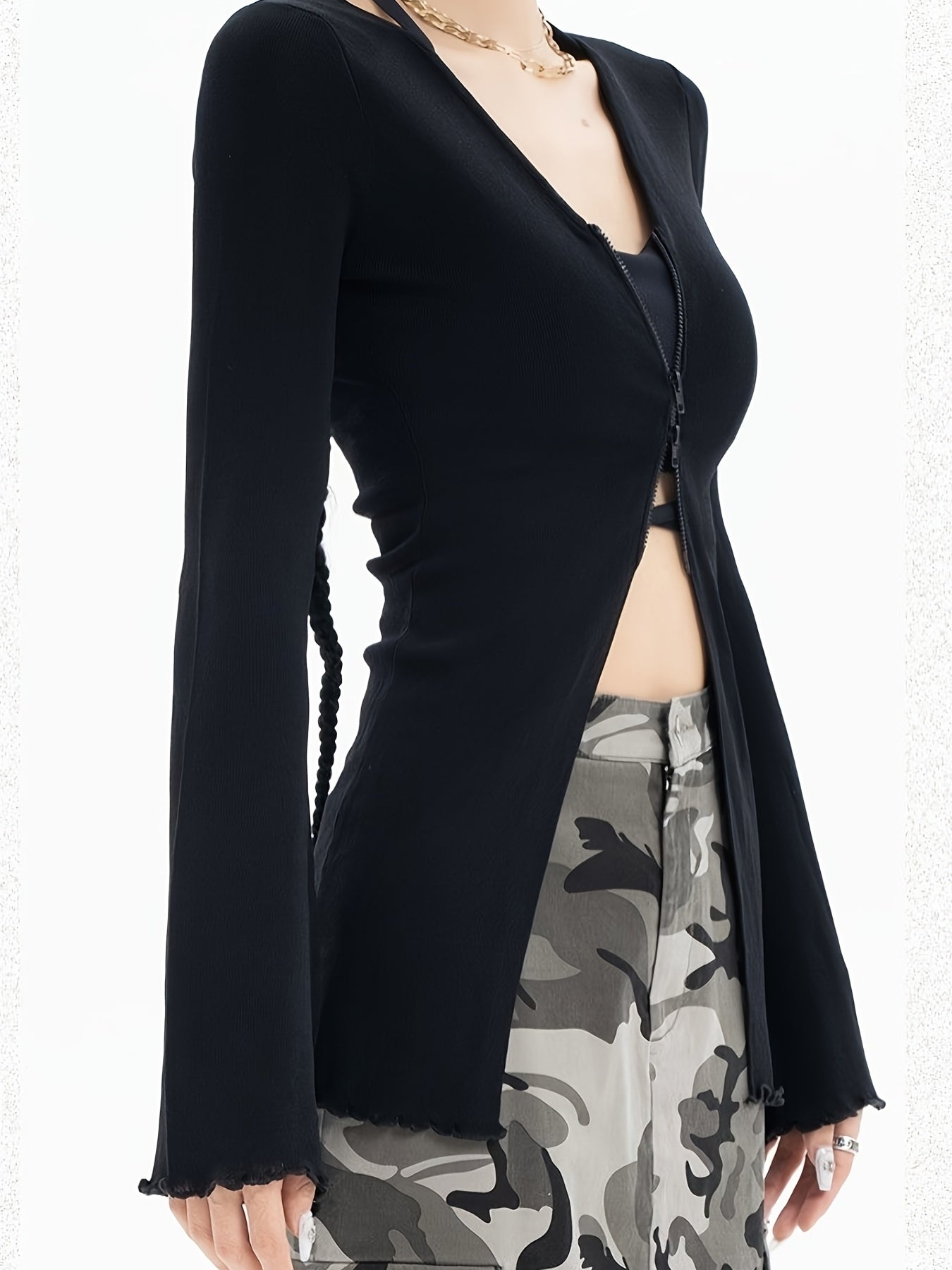 vlovelaw  vlovelaw  Solid V-neck Zipper Long Sleeve T-shirt, Elegant Autumn & Winter Comfy T-shirt, Women's Clothing