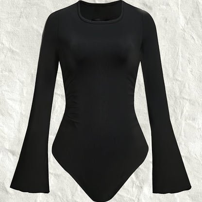 vlovelaw Solid Square Neck Slim Bodysuit, Elegant Bell Sleeve Bodysuit, Women's Clothing