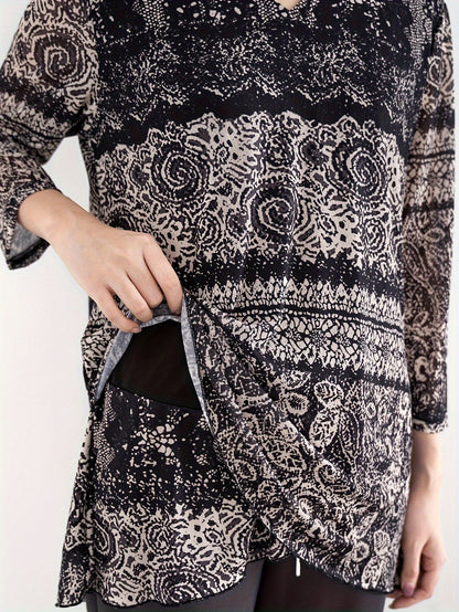 All Over Print V Neck Blouse, Elegant Long Sleeve Blouse For Spring & Fall, Women's Clothing