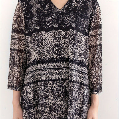 All Over Print V Neck Blouse, Elegant Long Sleeve Blouse For Spring & Fall, Women's Clothing