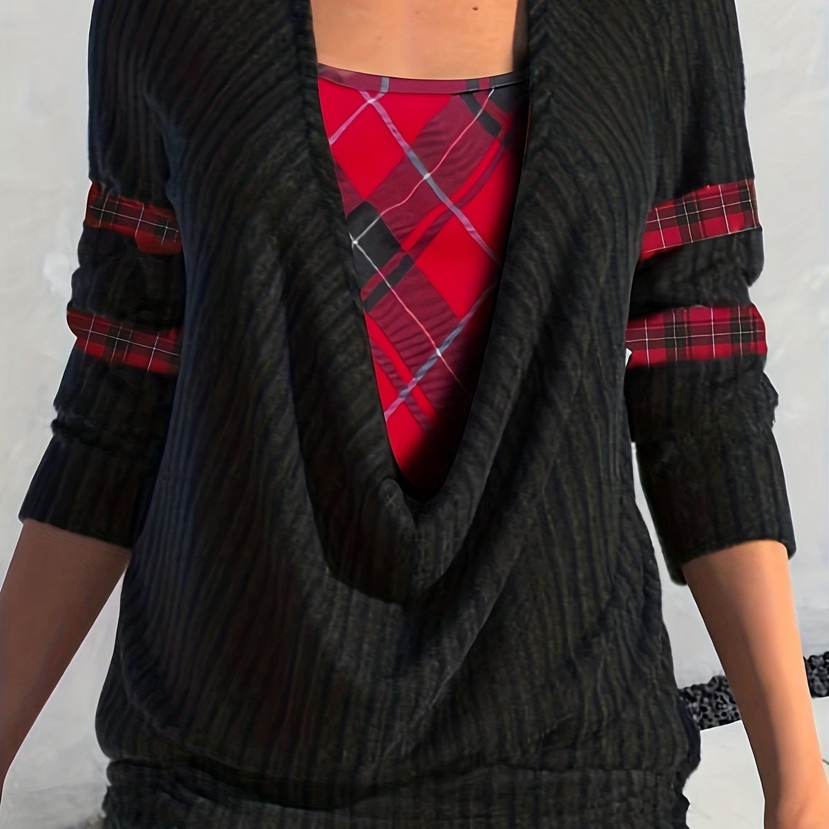 Plus Size Casual Top, Women's Plus Colorblock Plaid Print Ribbed Long Sleeve Cowl Neck Medium Stretch Top
