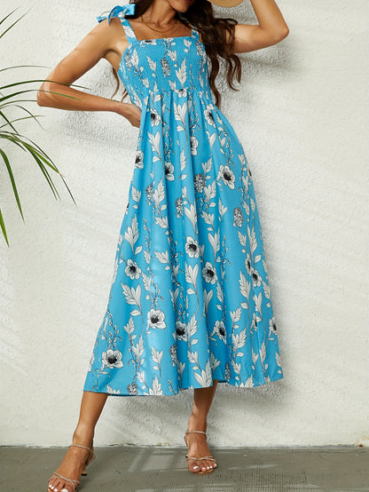 vlovelaw  Floral Print Shirred Dress, Boho Knotted Sleeveless High Waist Dress, Women's Clothing