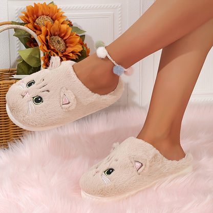 Cute Cartoon Cat Fuzzy Slippers, Creative Closed Toe Soft Sole Plush Flat Shoes, Winter Warm Home Slippers