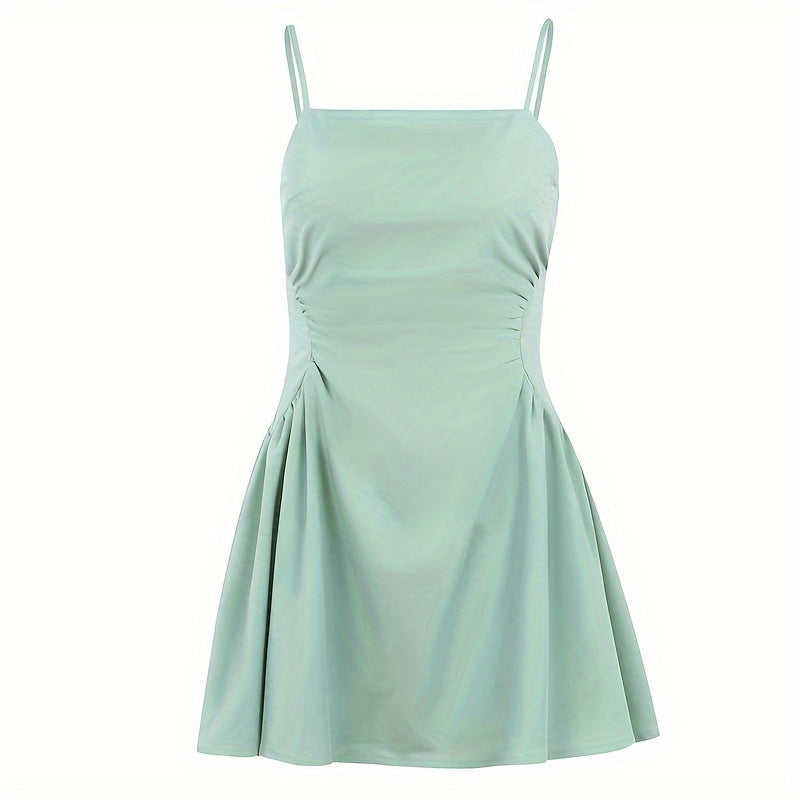 vlovelaw Solid Spaghetti Strap Dress, Chic Backless A-line Cami Dress, Women's Clothing