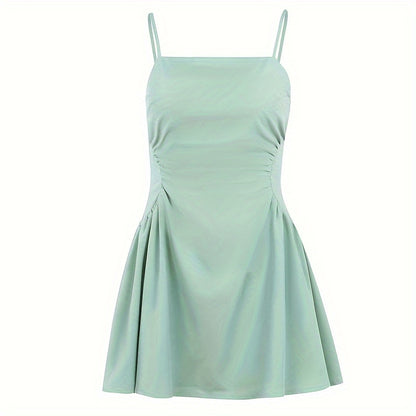 vlovelaw Solid Spaghetti Strap Dress, Chic Backless A-line Cami Dress, Women's Clothing