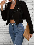 Solid Slant Zip Motor Jacket, Casual Long Sleeve Button Decor Crop Jacket For Spring & Fall, Women's Clothing