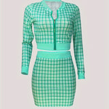 Elegant Plaid Matching  Two-piece Set, Crop Zip Up Jacket & Bodycon Skirt Outfits, Women's Clothing