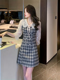 Plaid Print Contrast Lace Dress, Elegant Bodycon Tie Front A Line Dress, Women's Clothing