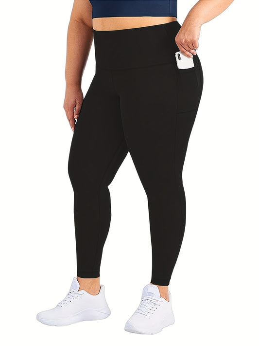 vlovelaw  Plus Size Casual Leggings, Women's Plus Solid High Rise High Stretch Skinny Leggings With Pockets