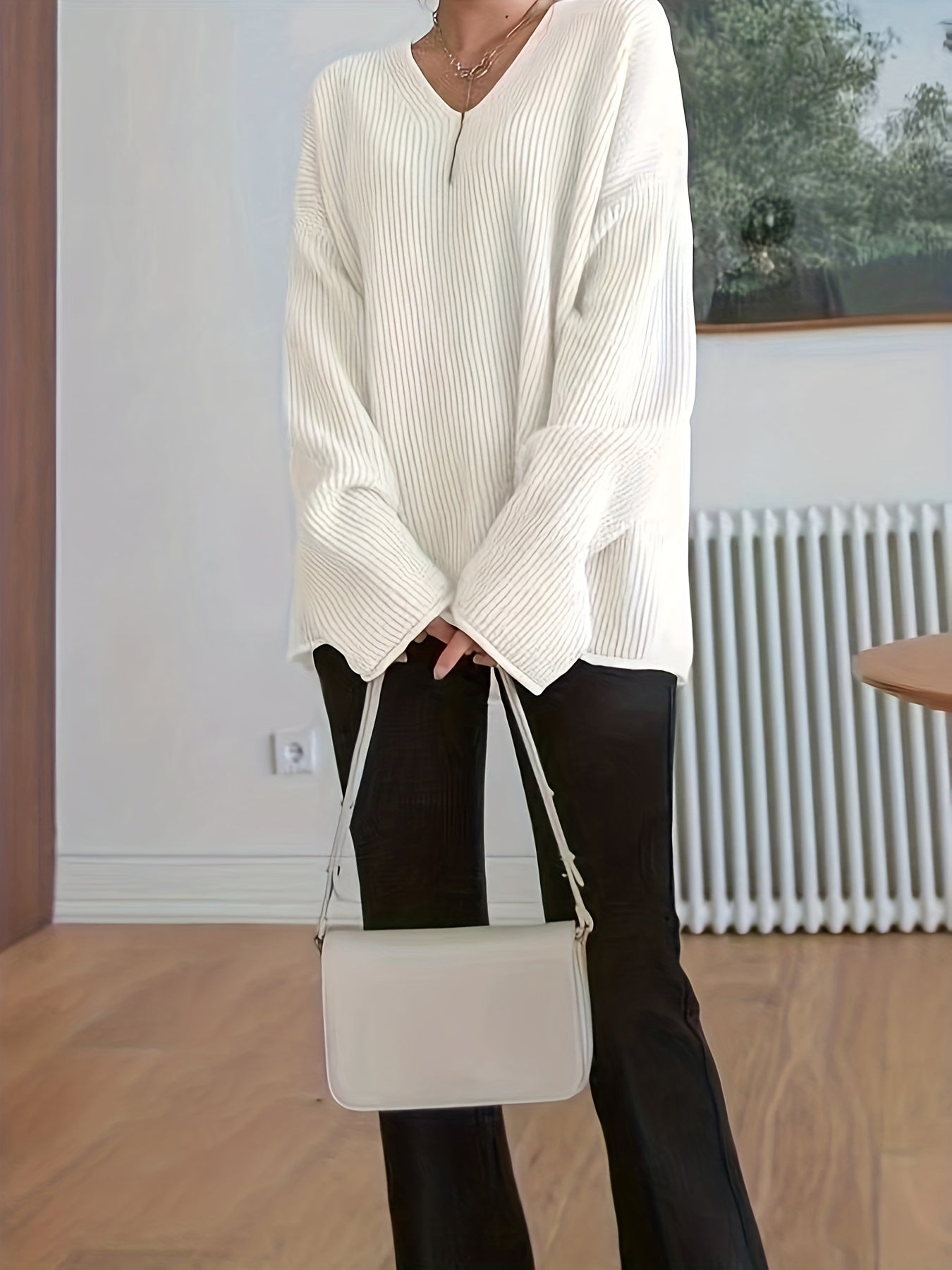 vlovelaw  Plus Size Casual Sweater, Women's Plus Solid Ribbed Drop Shoulder Long Sleeve V Neck Slight Stretch Loose Fit Pullover Jumper