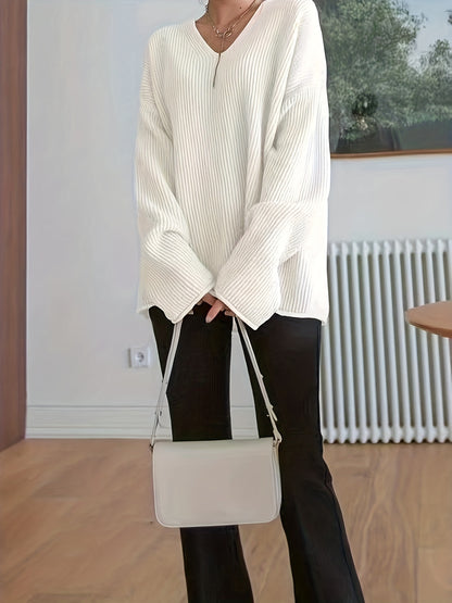 vlovelaw  Plus Size Casual Sweater, Women's Plus Solid Ribbed Drop Shoulder Long Sleeve V Neck Slight Stretch Loose Fit Pullover Jumper