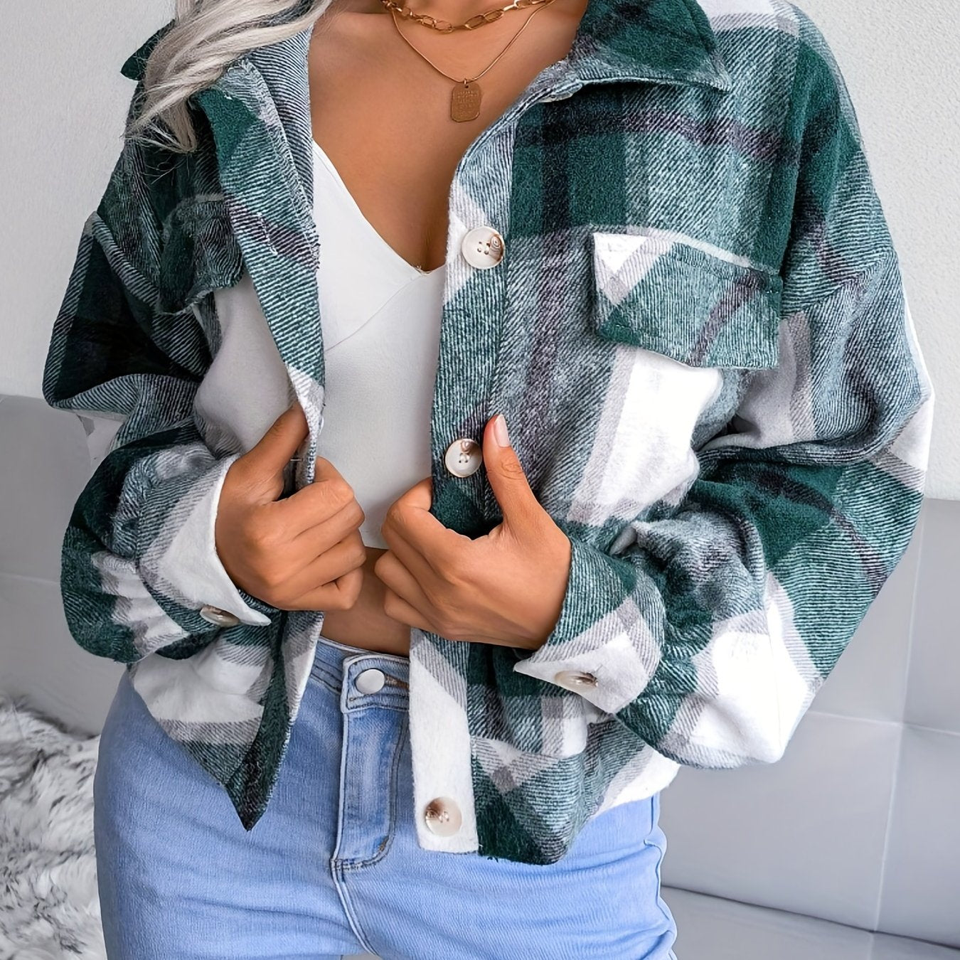 vlovelaw  Plaid Retro Long Sleeve Shirt, Button Up Casual Top For Winter & Fall, Women's Clothing