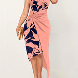 vlovelaw  Floral Print Twist Dress, Elegant Asymmetrical Sleeveless Dress, Women's Clothing