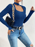 vlovelaw  Ribbed Knit Choker Neck Slim T-Shirt, Stylish Long Sleeve Cut Out Top For Spring & Fall, Women's Clothing