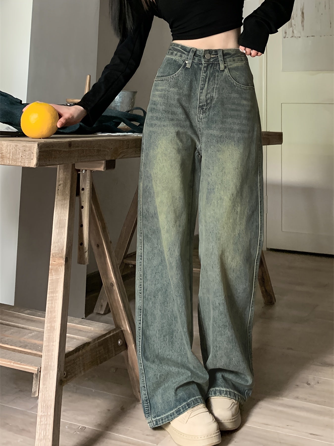 vlovelaw  High Waist Washed Wide Leg Jeans, Slant Pocket Loose Vintage Baggy Jeans, Women's Denim Jeans & Clothing