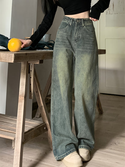 vlovelaw  High Waist Washed Wide Leg Jeans, Slant Pocket Loose Vintage Baggy Jeans, Women's Denim Jeans & Clothing