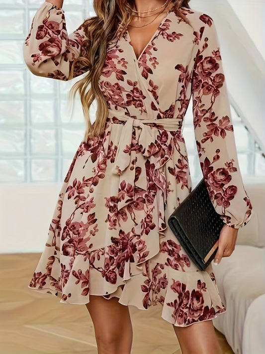 vlovelaw Floral Print Wrap Dress, Elegant Ruffle Hem Long Sleeve Dress, Women's Clothing