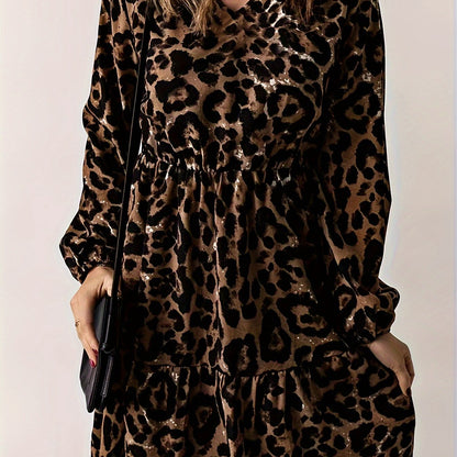 Leopard Print Ruffle Hem Dress, Vintage V Neck Long Sleeve Dress, Women's Clothing