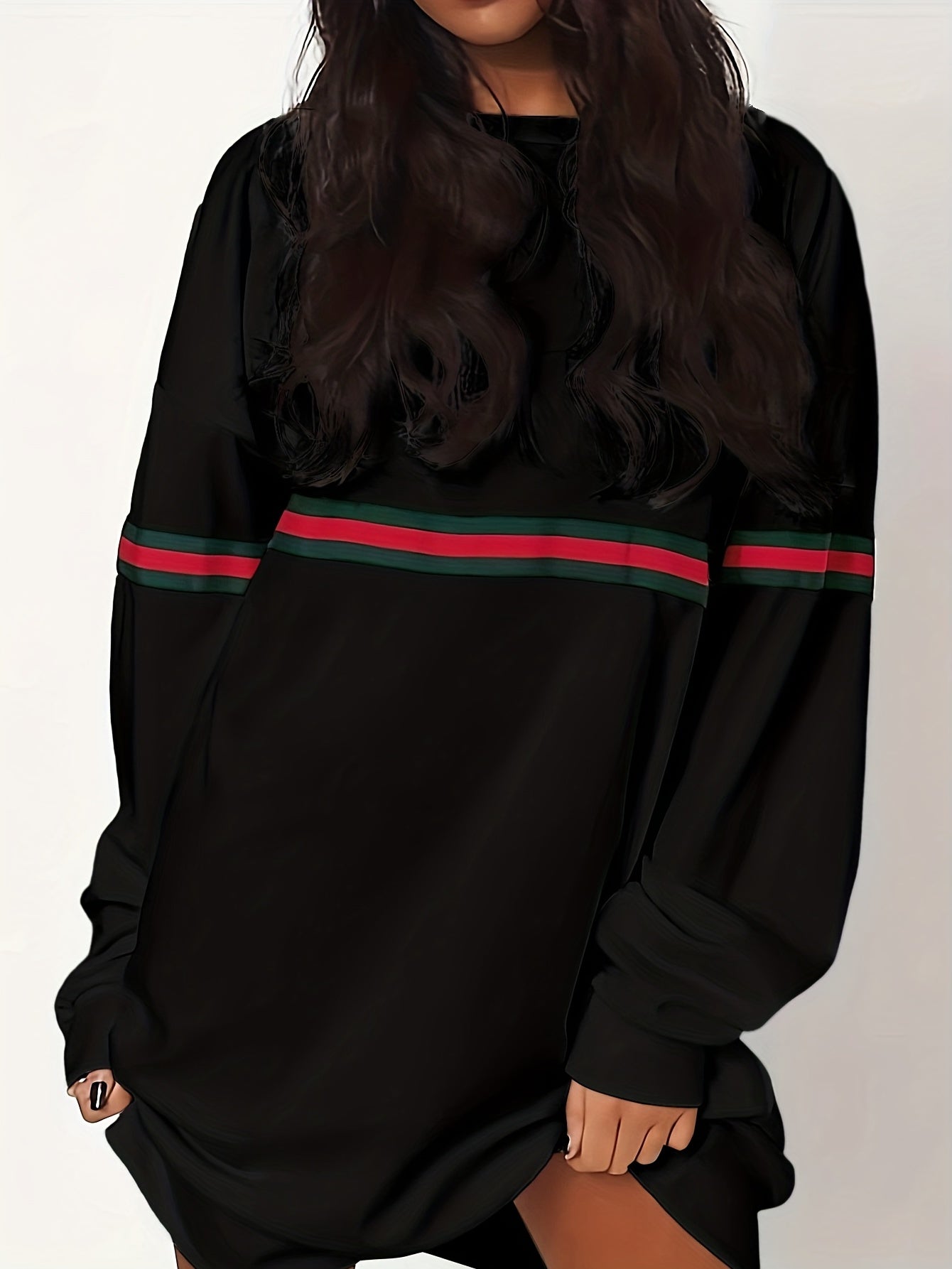 vlovelaw  Plus Size Sporty Sweatshirt Dress, Women's Plus Striped Long Sleeve Crew Neck Medium Stretch Sweatshirt Dress