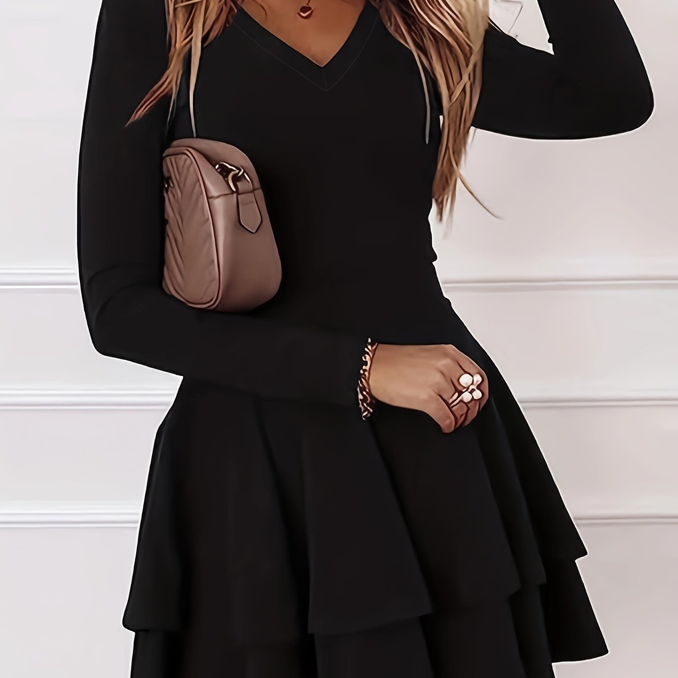 vlovelaw Solid Layered Dress, Casual V Neck Long Sleeve Dress, Women's Clothing