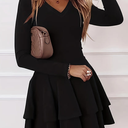 vlovelaw Solid Layered Dress, Casual V Neck Long Sleeve Dress, Women's Clothing