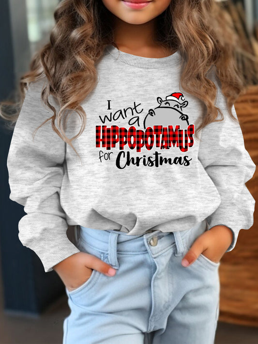 Cute Holiday Hippo Print Long Sleeve Sweatshirt for Girls - Soft, Loose-Fit, Casual Kids Clothing Gift - Fun Graphic Tee for Christmas