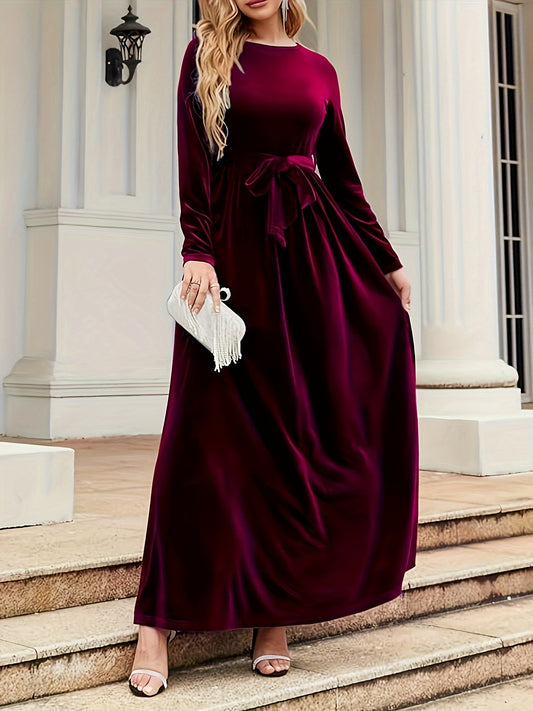 vlovelaw  Solid Crew Neck Velvet Dress, Elegant Long Sleeve Tie Waist Maxi Dress For Spring & Fall, Women's Clothing