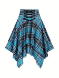 vlovelaw  Plaid Print Irregular Hem Skirt, Casual Tie Front High Waist Skirt, Women's Clothing